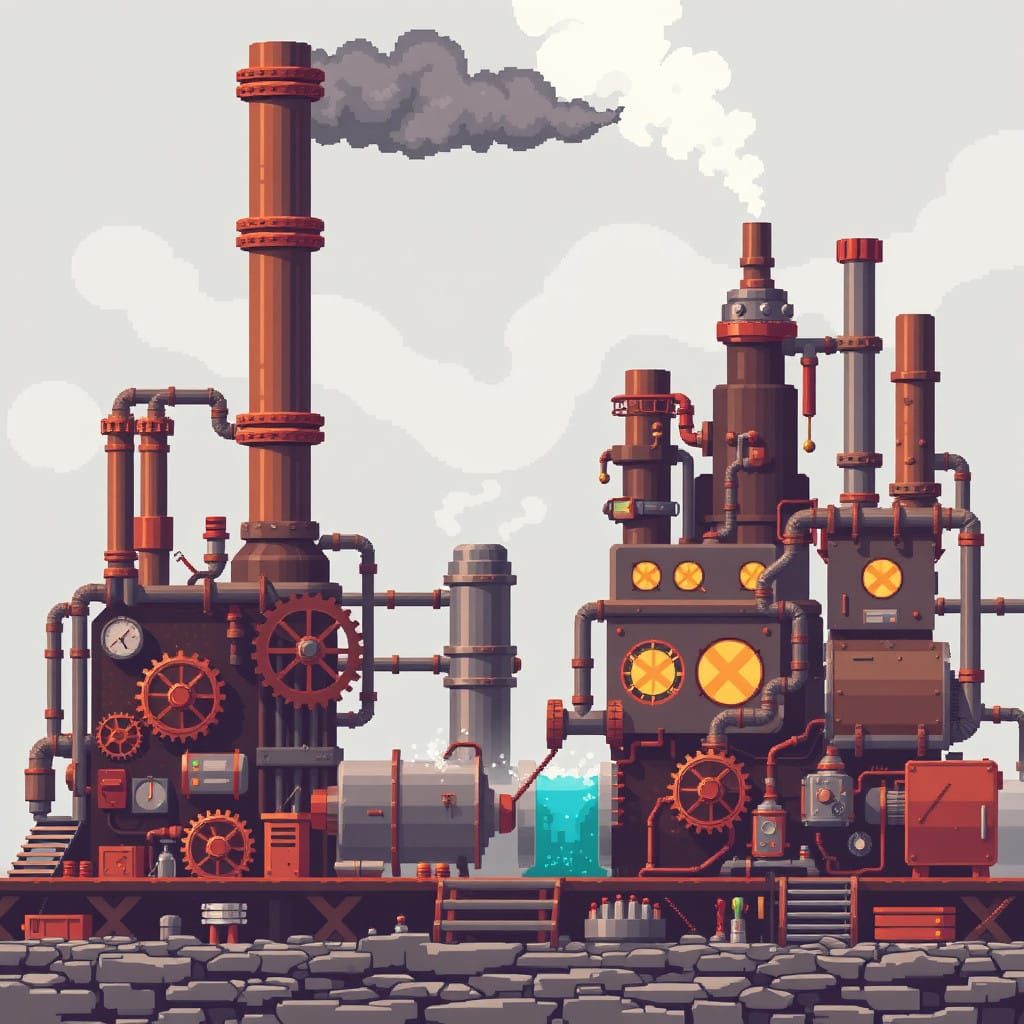 pixel art steampunk factory with gears, pipes and steam