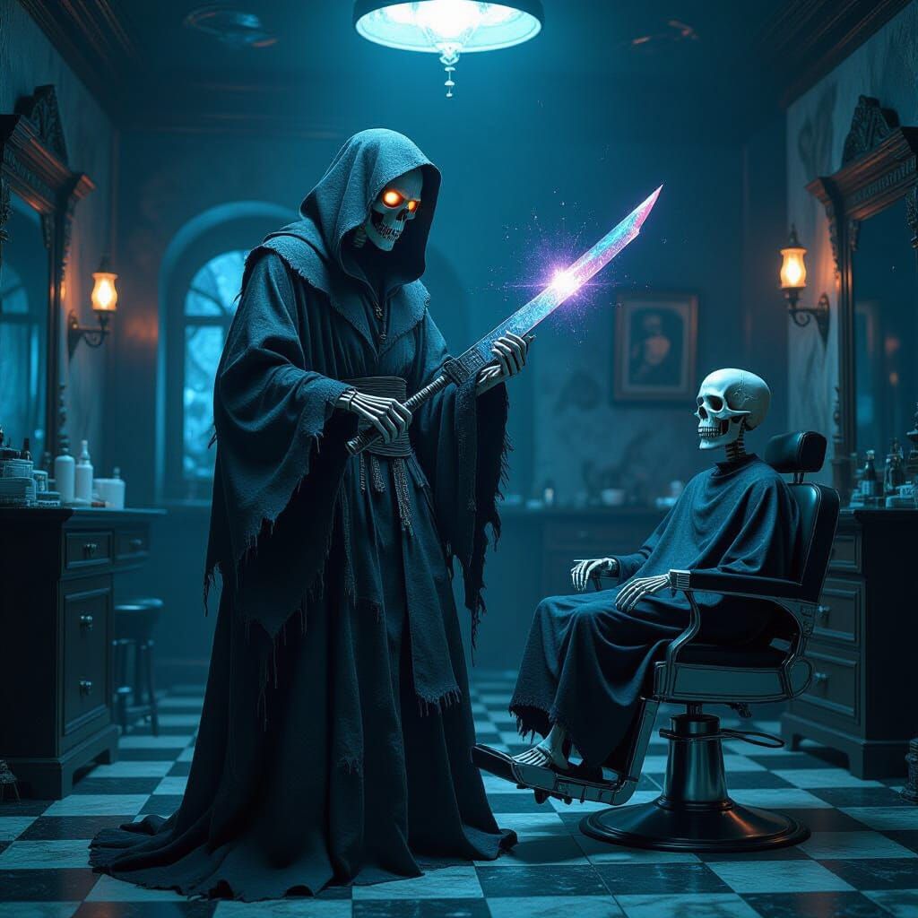 Cosmic Horror: Skeletal Barber in Gothic Shop