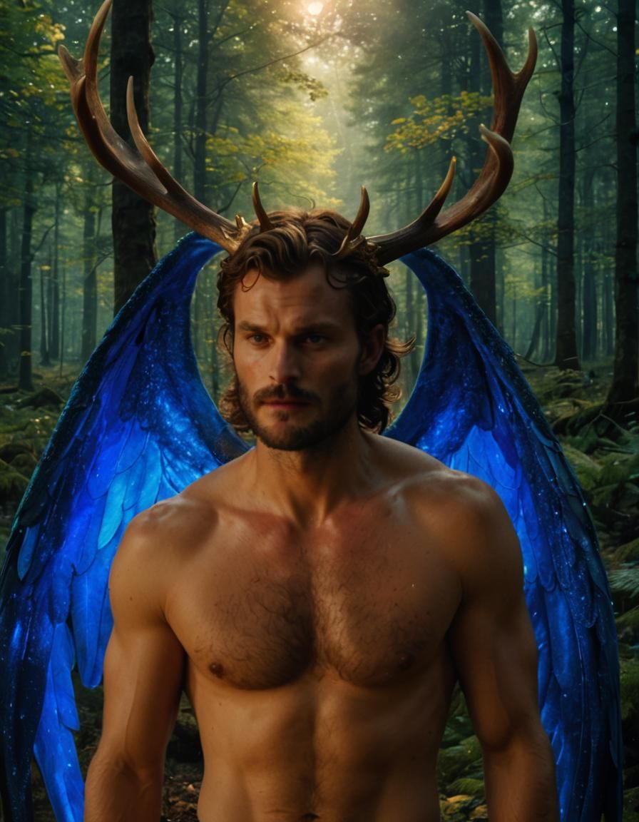 Man in Forest with Wooden Deer and Dragon Wings