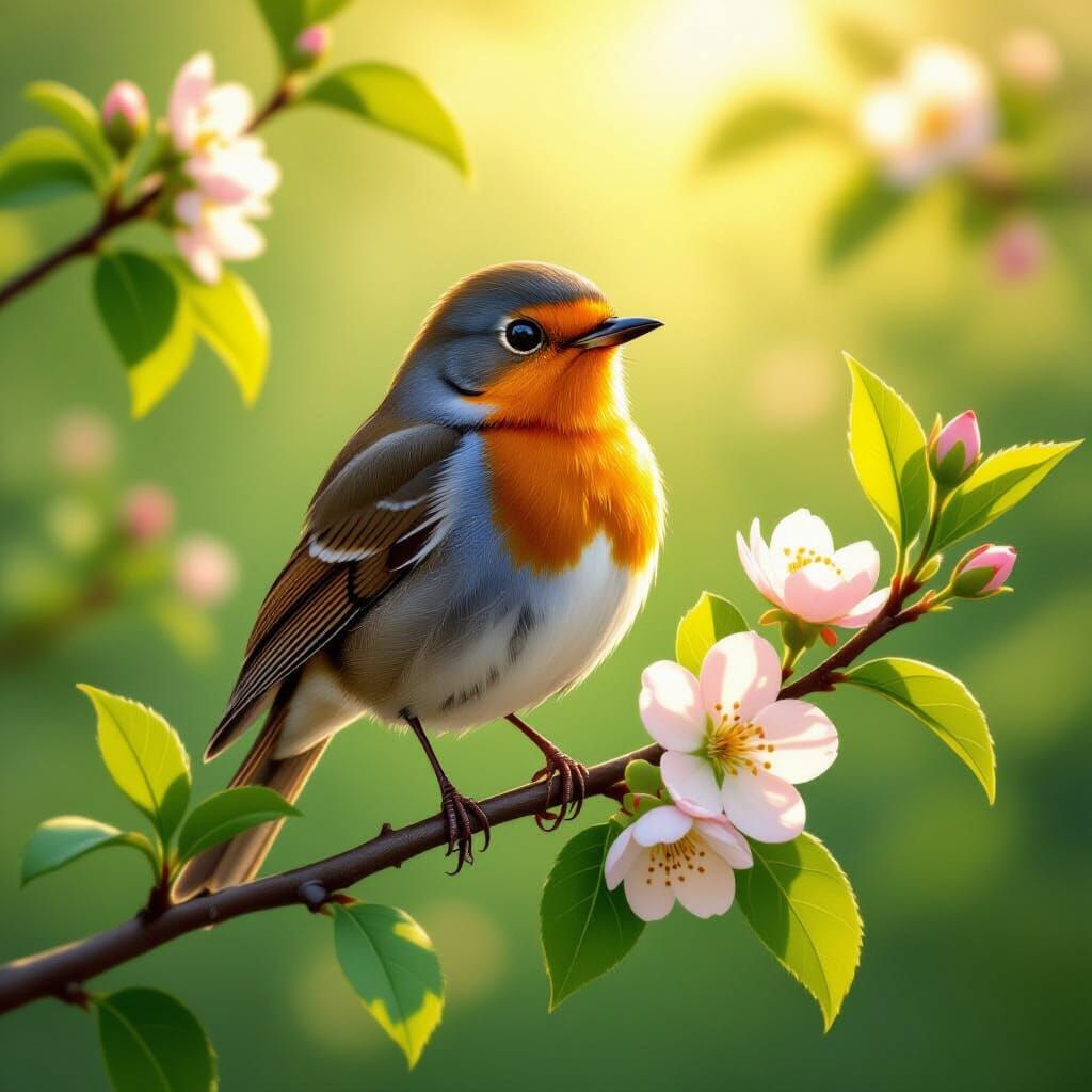 Robin on Blooming Branch in Conceptual Style