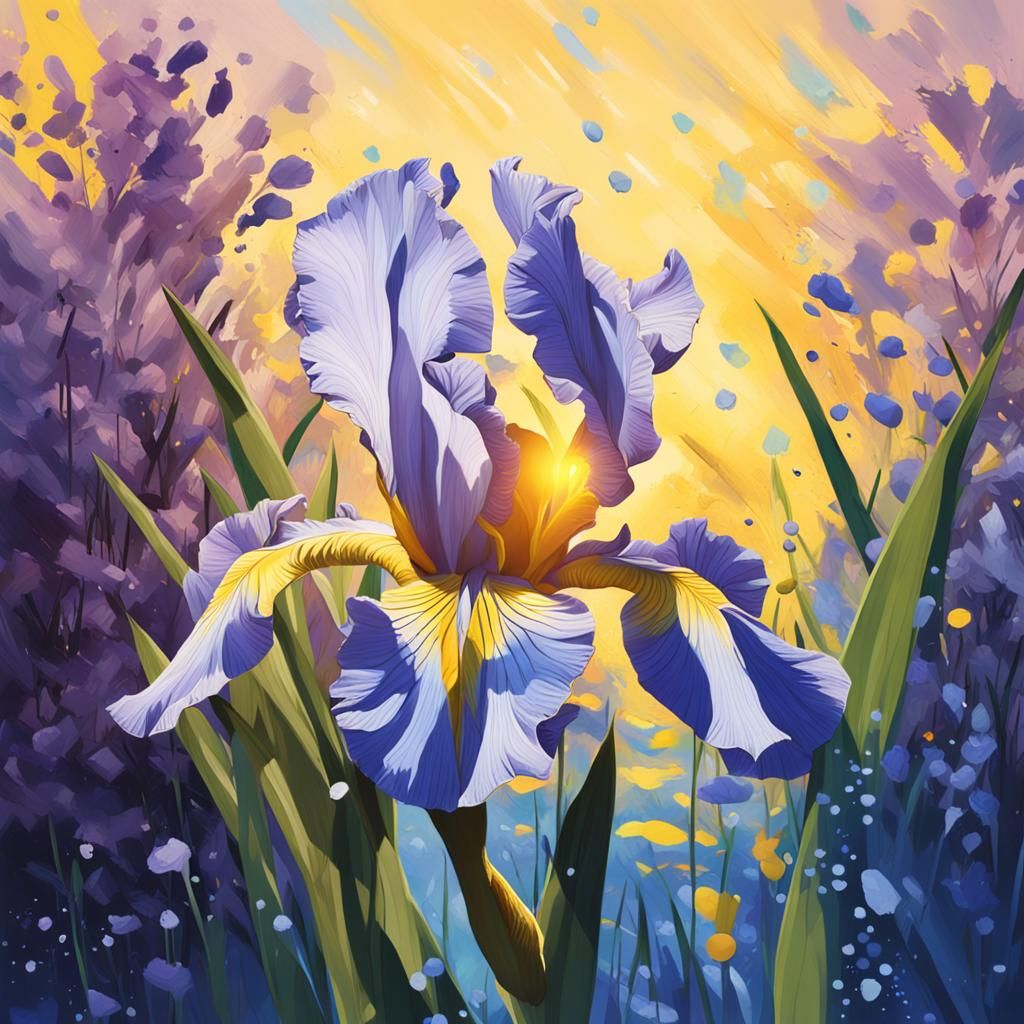 Park Scene with Pond, Irises and Animals