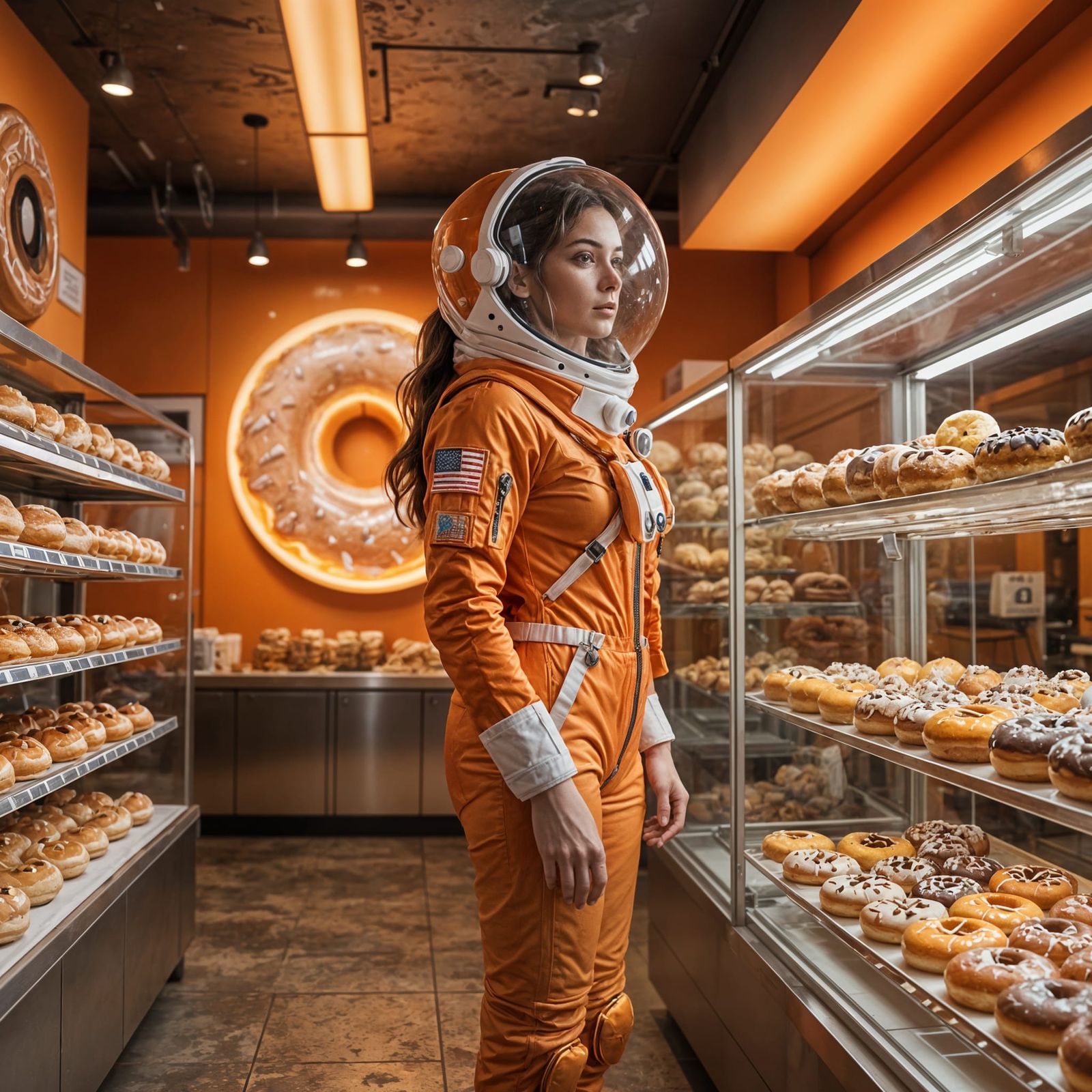 Astronaut Browses Donuts in Bakery