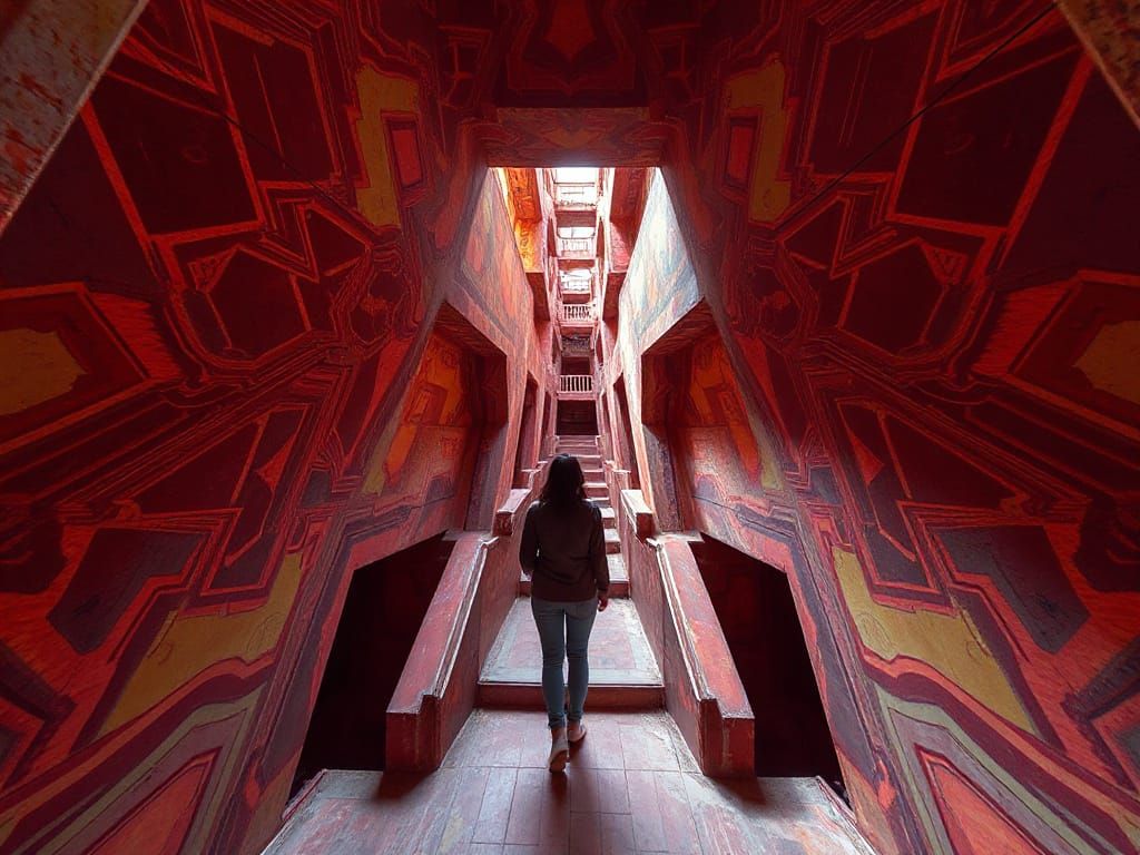 Woman in Impossible Maze with Infinite Staircases