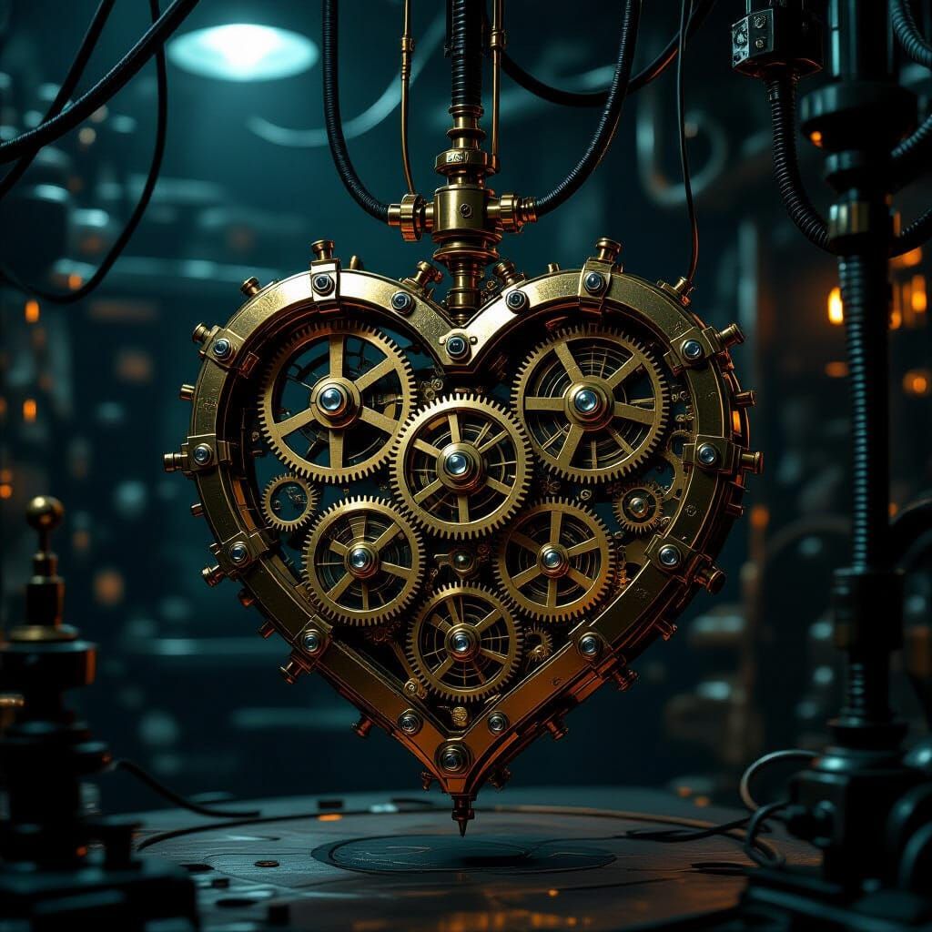 Brass Clockwork Heart in Retro-Futuristic Lab