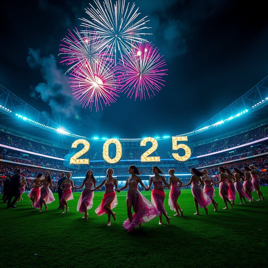 Elegant Dancers Unite on Wembley Stadium's Lush Green Grass....