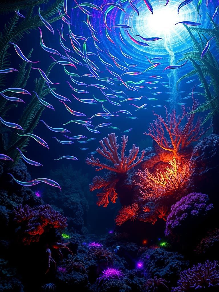 Ethereal Oceanic Spectacle in Vibrant, Bioluminescent Hues