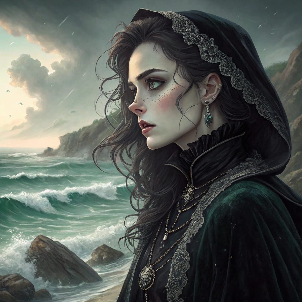 Ethereal Gothic Woman by Moonlit Ocean