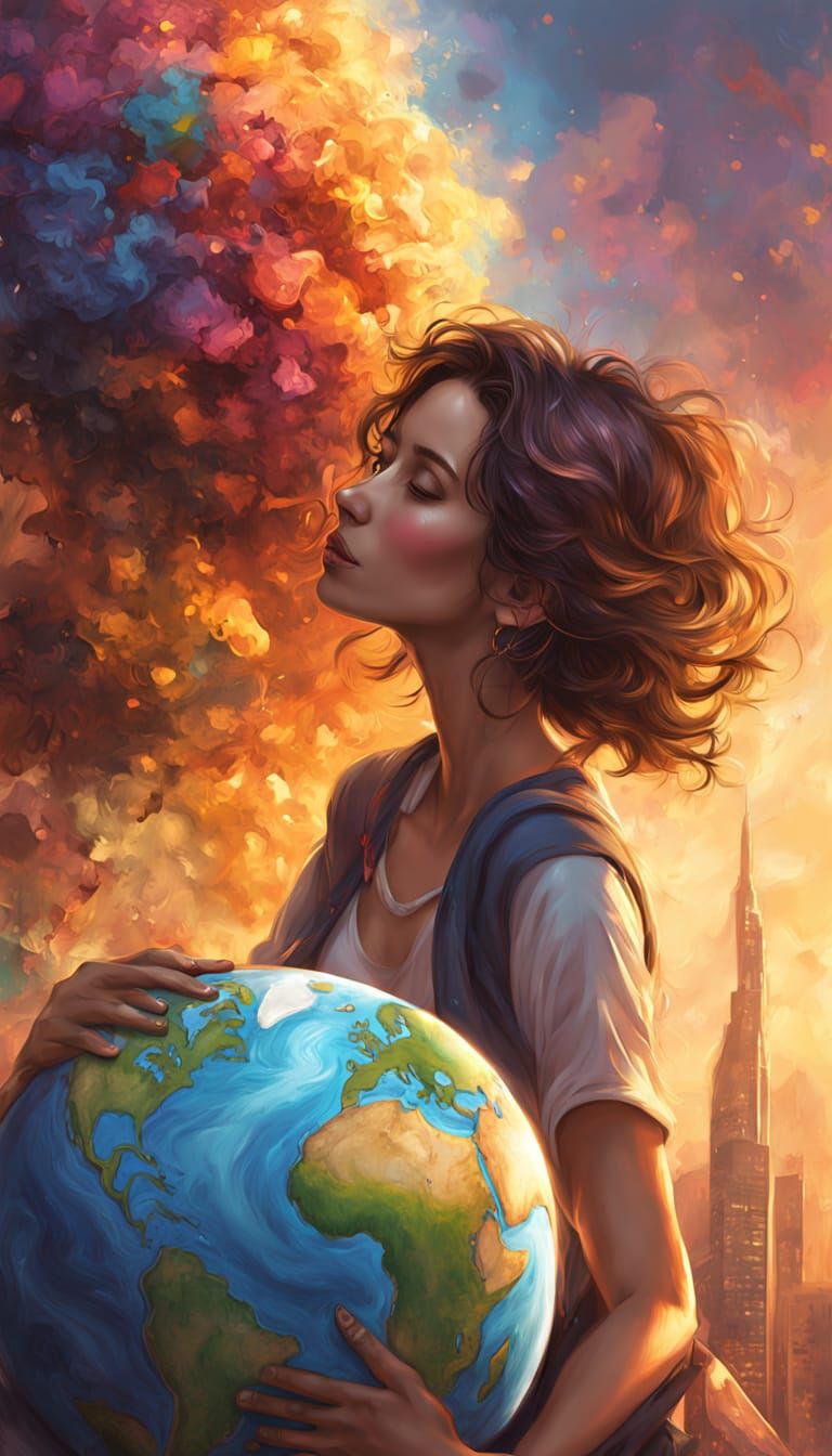 Person Hugging Earth: Hyper-Realistic Triadic Color Oil Pain...
