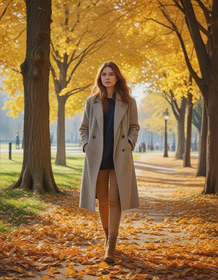 Impressionist Painting of Woman in Autumn Park