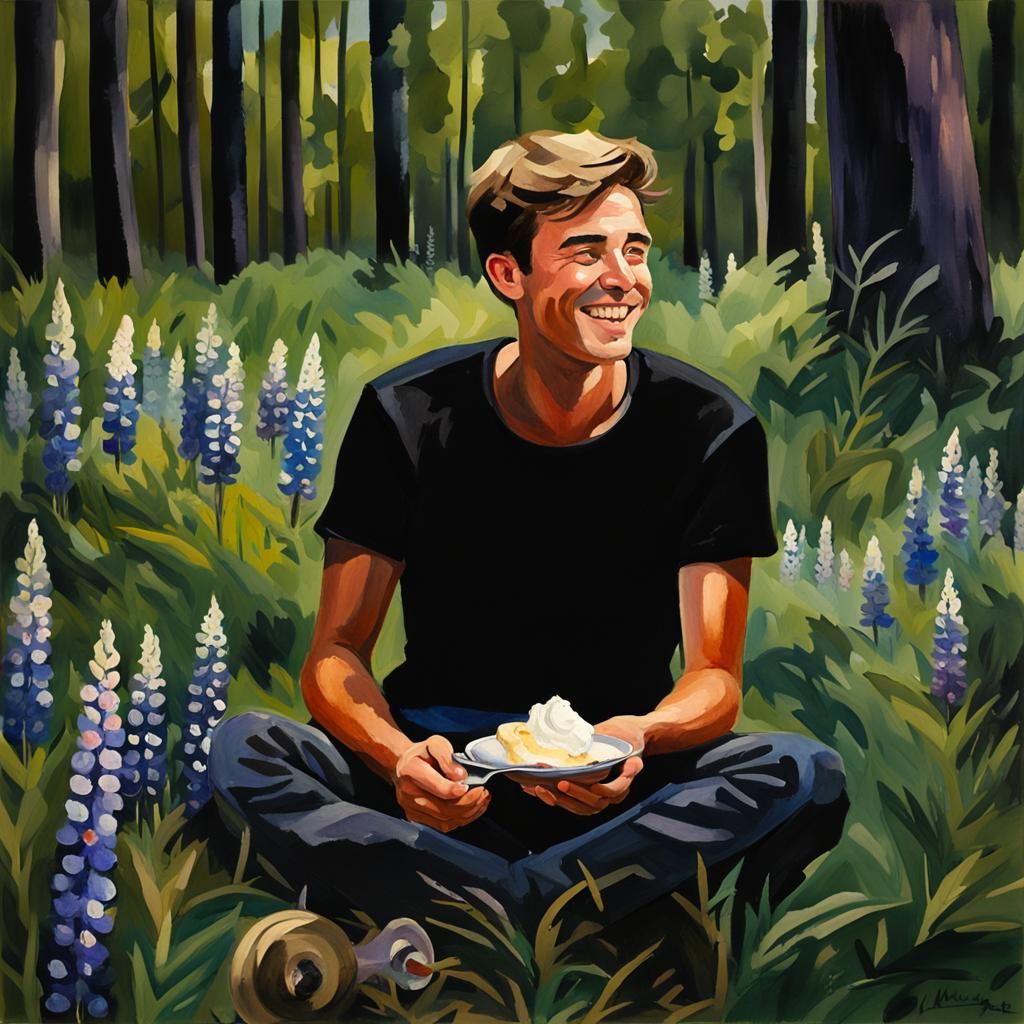 Young Man Enjoys Pie: Gouache Impressionist Painting