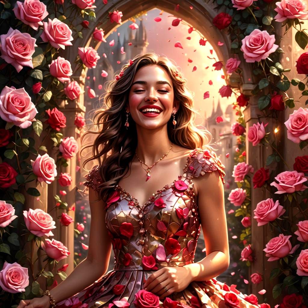 Beautiful Girl with Rose Petal Dress in Matte Painting