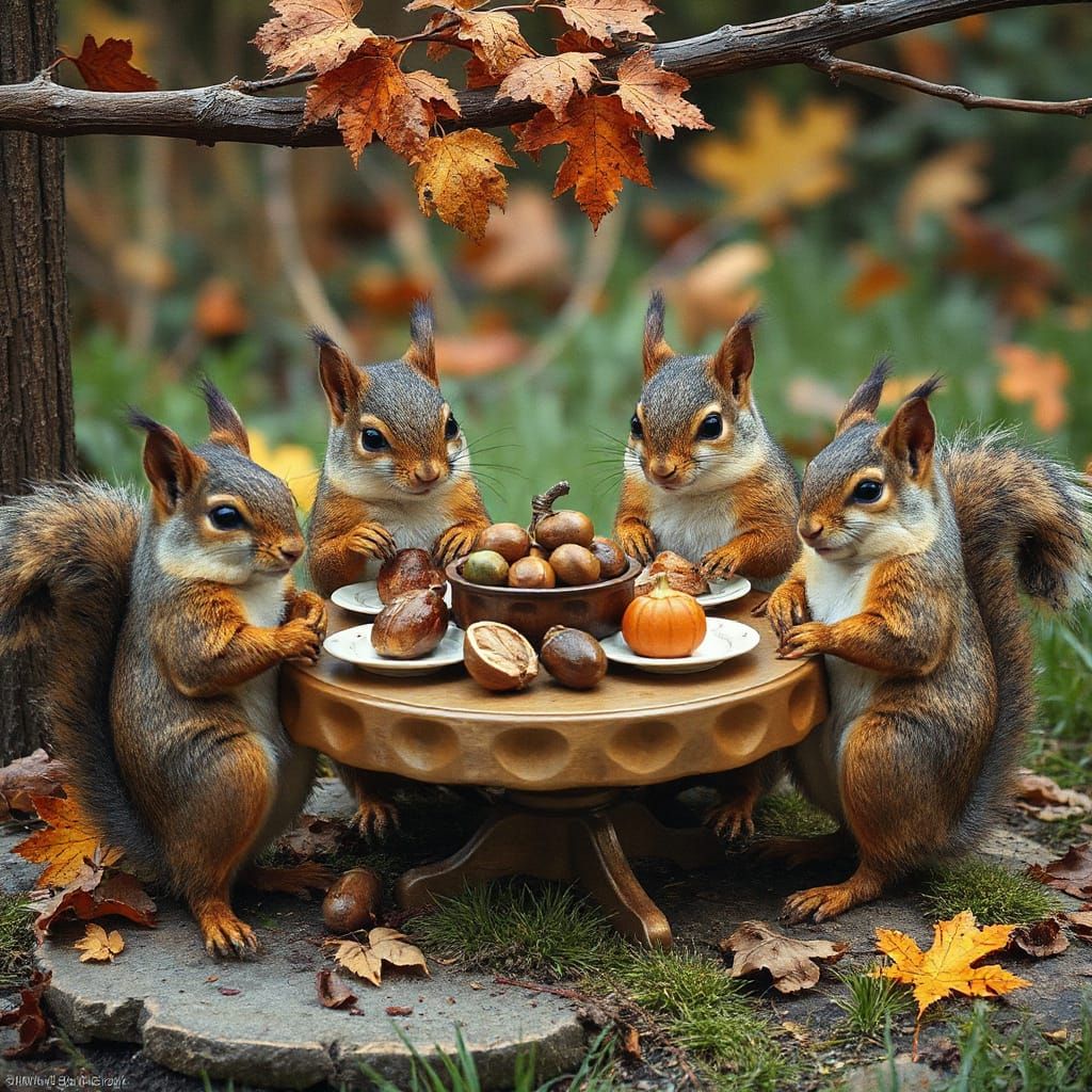 Squirrel Family Thanksgiving Feast Illustration