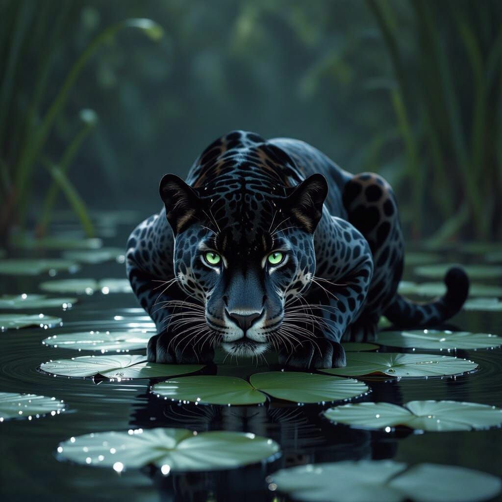 Jaguar on Lily Pad in Moonlit Lagoon