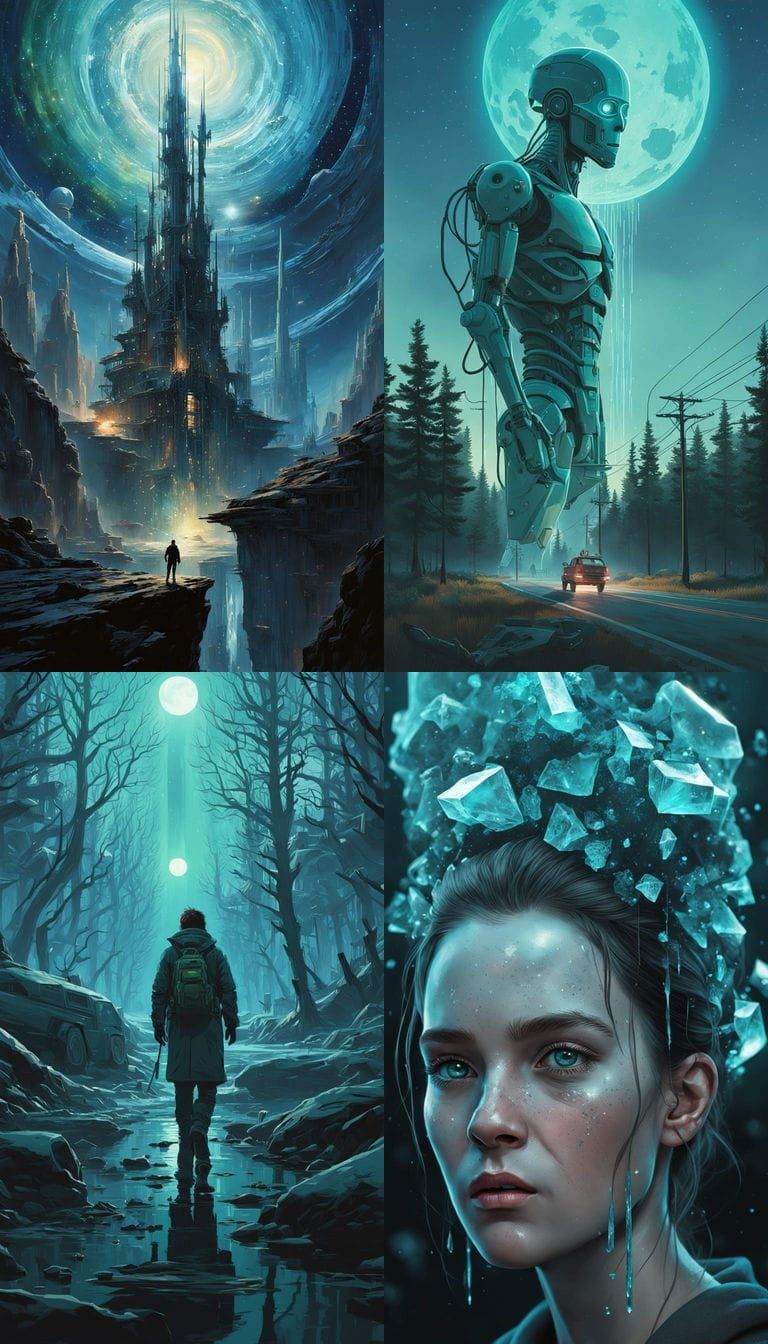 Surreal Astronaut Face in Crystal Blue-Green Cosmic Scene