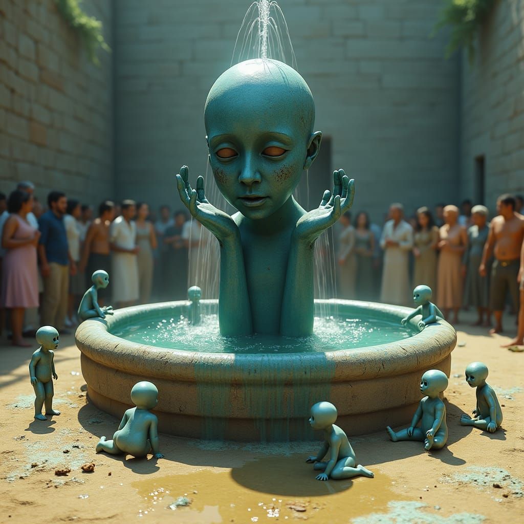 Human-Faced Fountain Amidst Troubled Waters