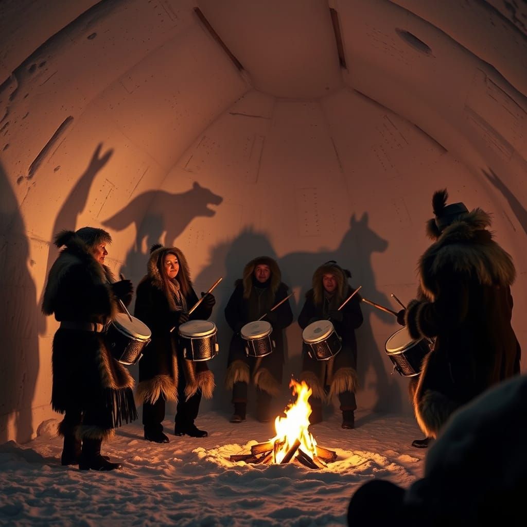 Inuit Drum Dance Illuminated by Firelight in Igloo