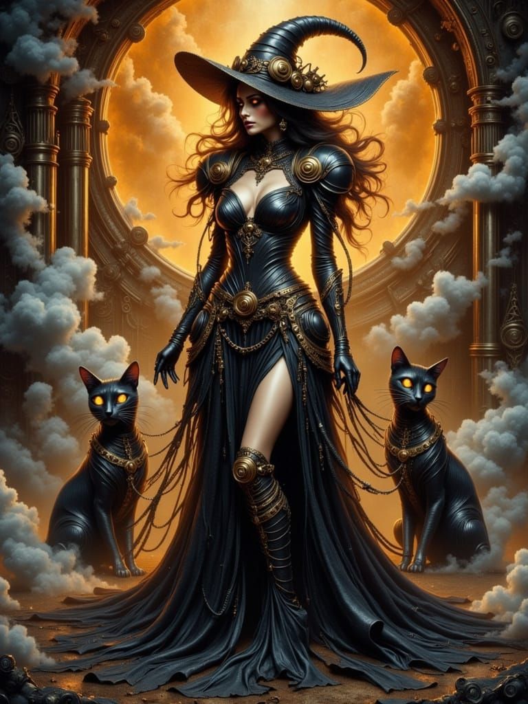 Steampunk Witch with Black Cats in Watercolor Style