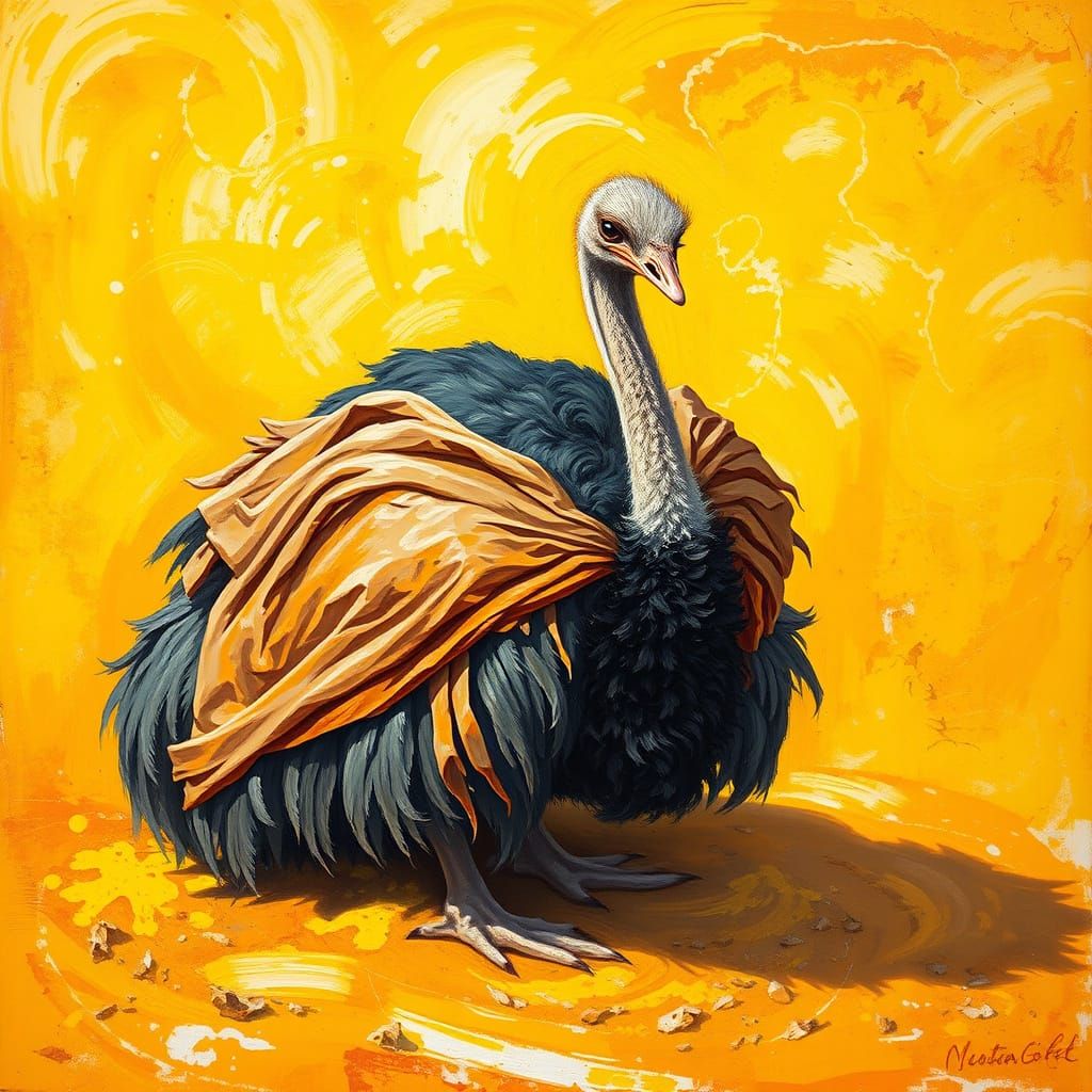 Majestic Ostrich in Earth-Toned Cloak Buries Head in Golden ...