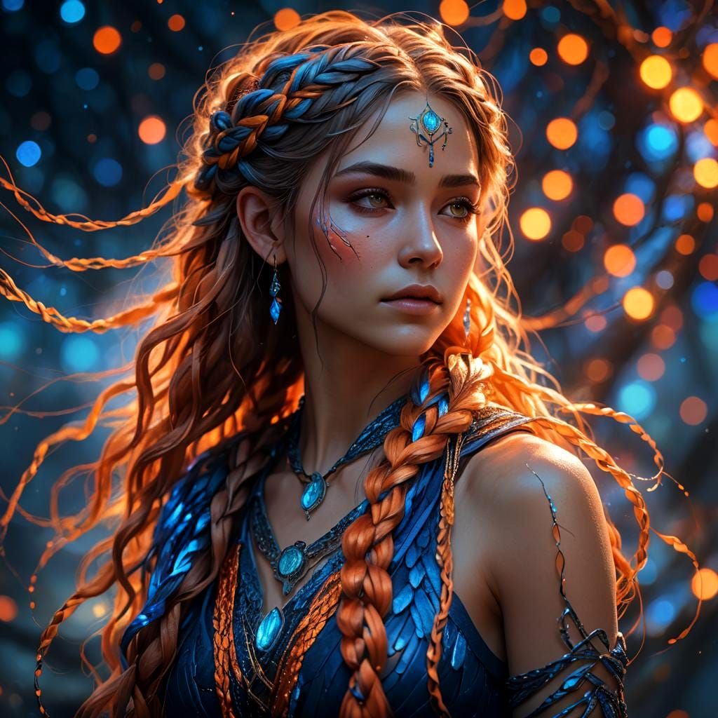 Ethereal Woman with Glittering Braid: Fantasy Art
