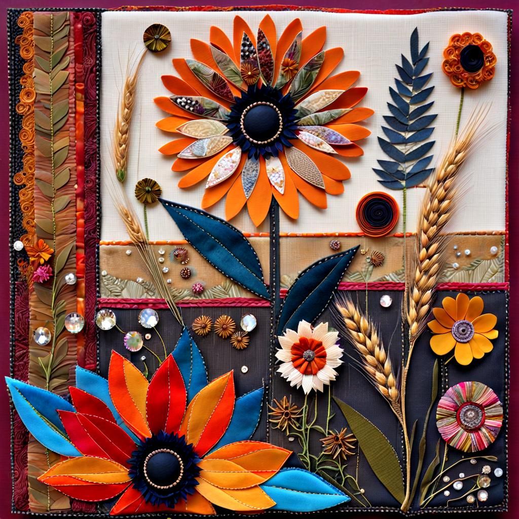 Coneflowers and Wheat in Mixed Media Collage Art
