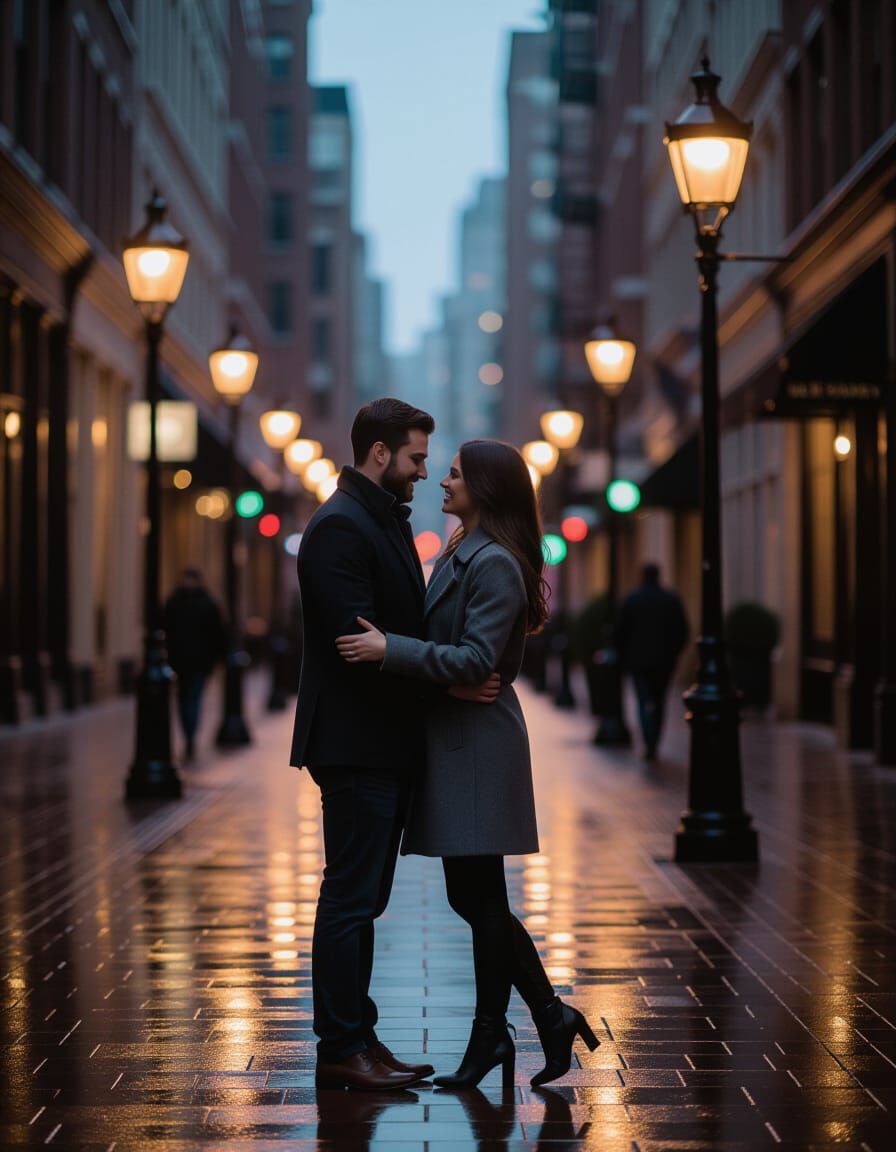 Romantic Couple Reunion on Rain-swept City Street