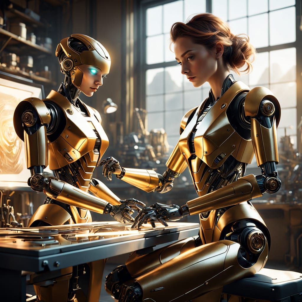 Woman Revives Futuristic Robot in Sunlit Workshop