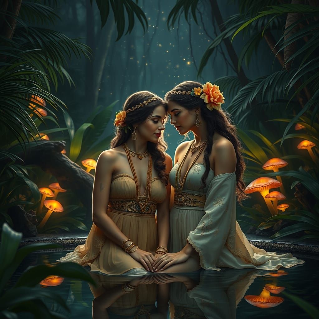 Jungle Oasis at Night: Intimate Moment of Two Women Under Tw...