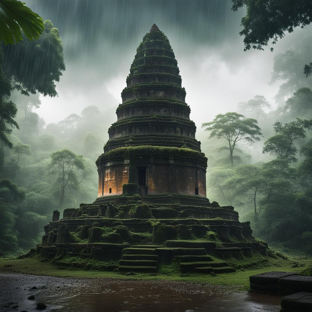 Lush Rainforest Ruins of Buddhist Stupa