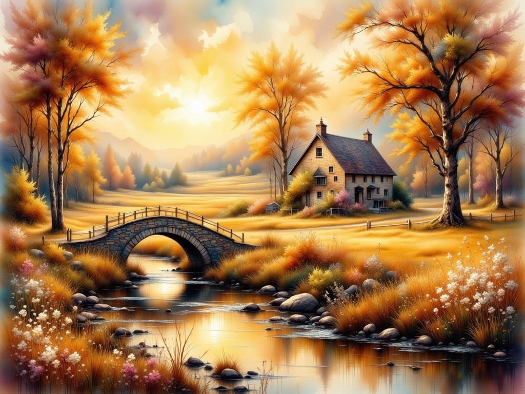 Stone Bridge Over River in Watercolor Style