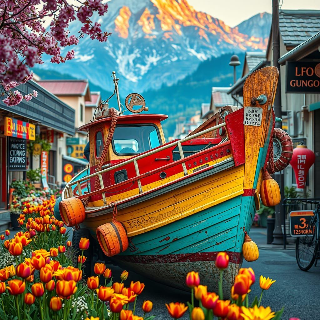 Rainbow Boat in Mountain Street: Hyperrealistic Spring Scene