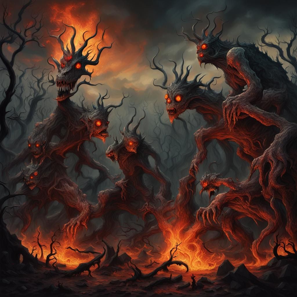 Surrealistic Hell Landscape with Grotesque Creatures as Goth...