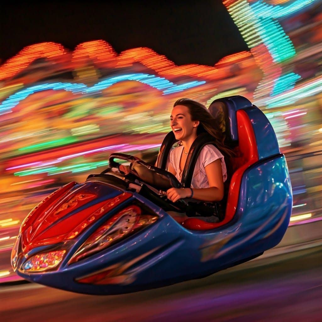 Joyful Woman on Slingshot Ride at Fairground