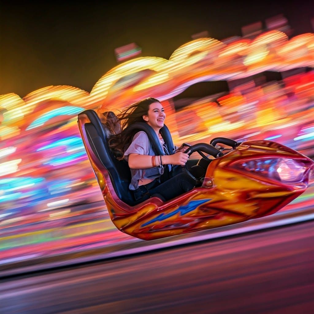 Joyful Woman on Slingshot Ride at Fairground