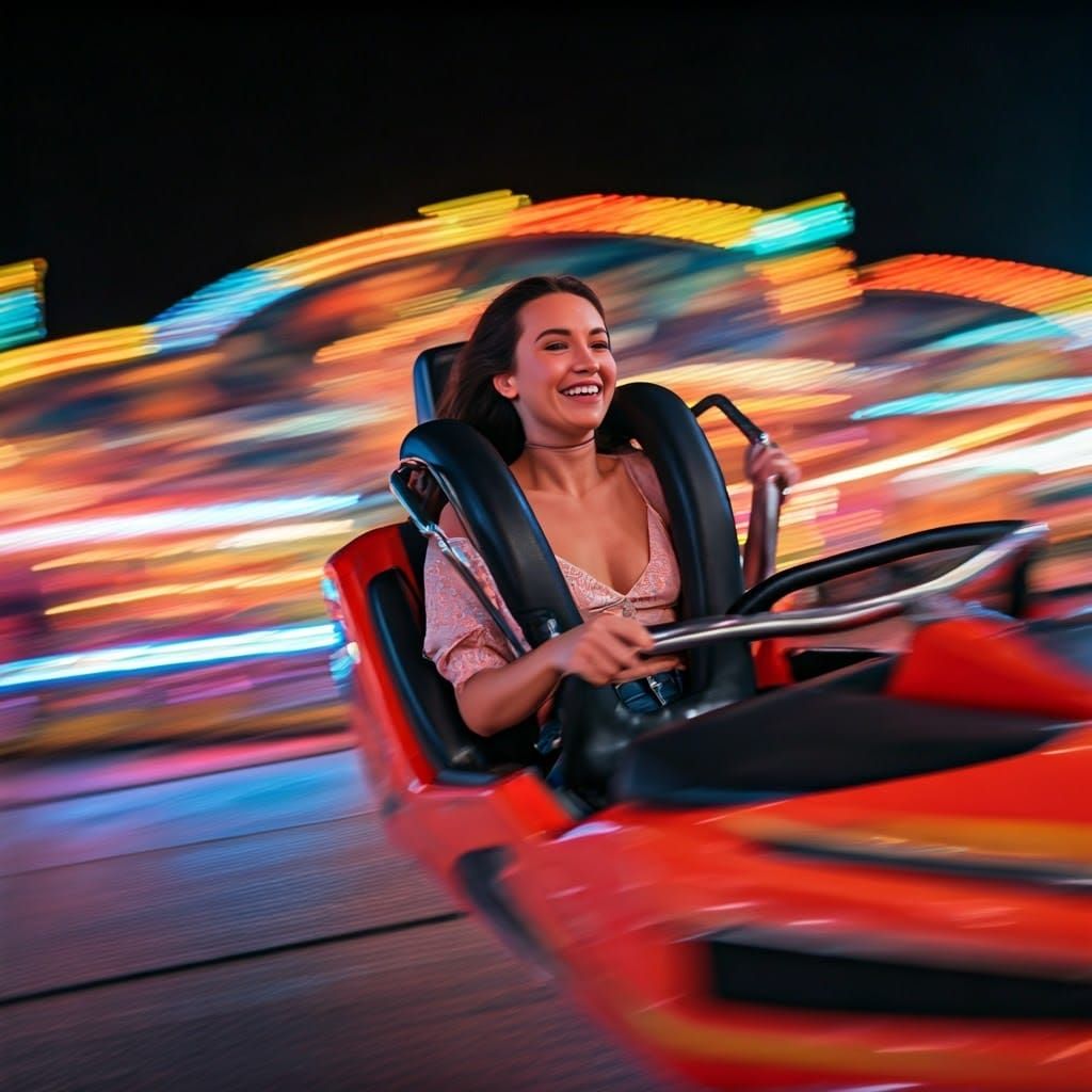 Joyful Woman on Slingshot Ride at Fairground