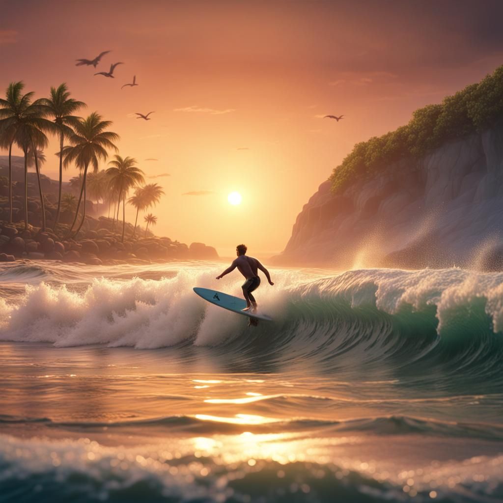 Surfer and Dog Ride Sunset Wave: Detailed Matte Painting