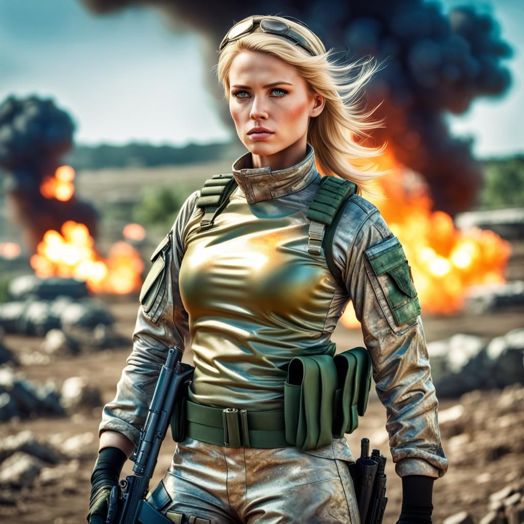 Female Soldier on Explosive Battlefield in HDR