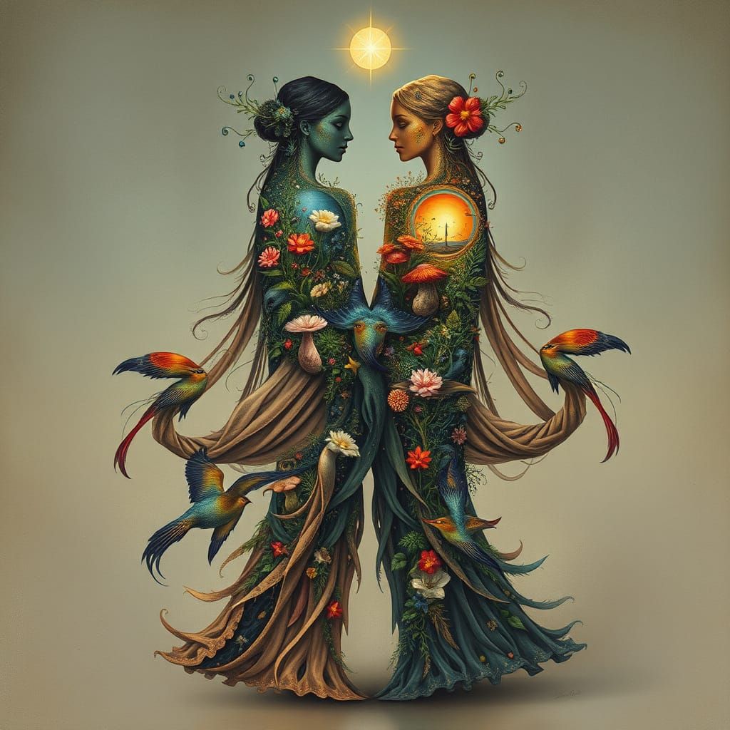 Dreamlike Bodies Merge in Vibrant Fantasy Realms