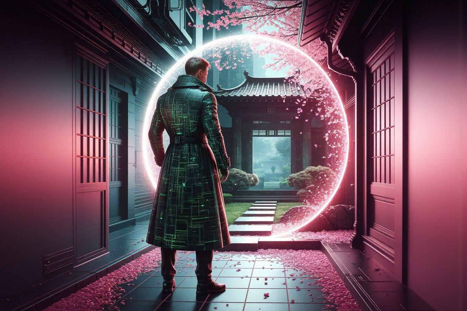 Cyberpunk Detective Investigates Zen Garden Portal