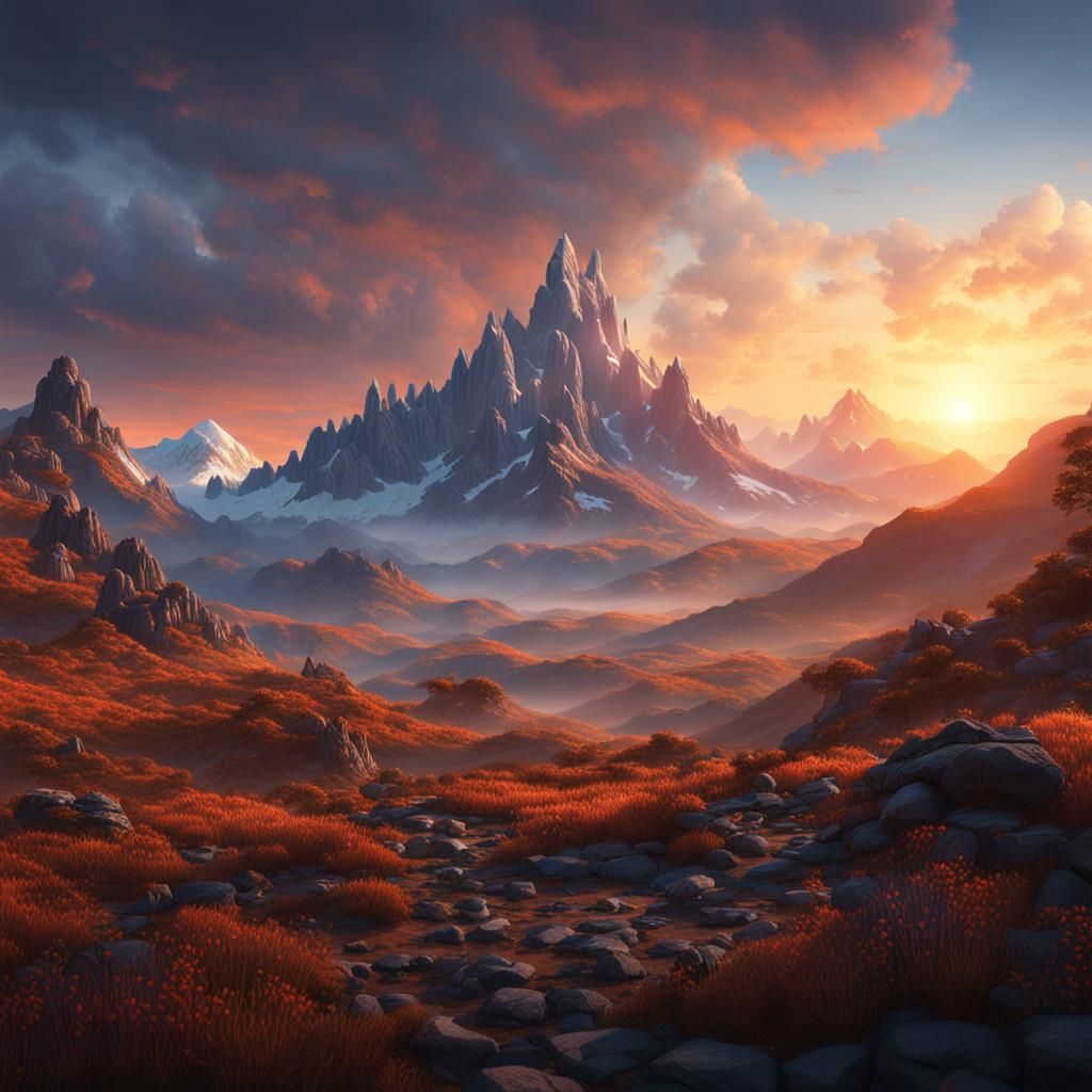 Epic Sunrise Over Mountains: Fantasy Concept Art