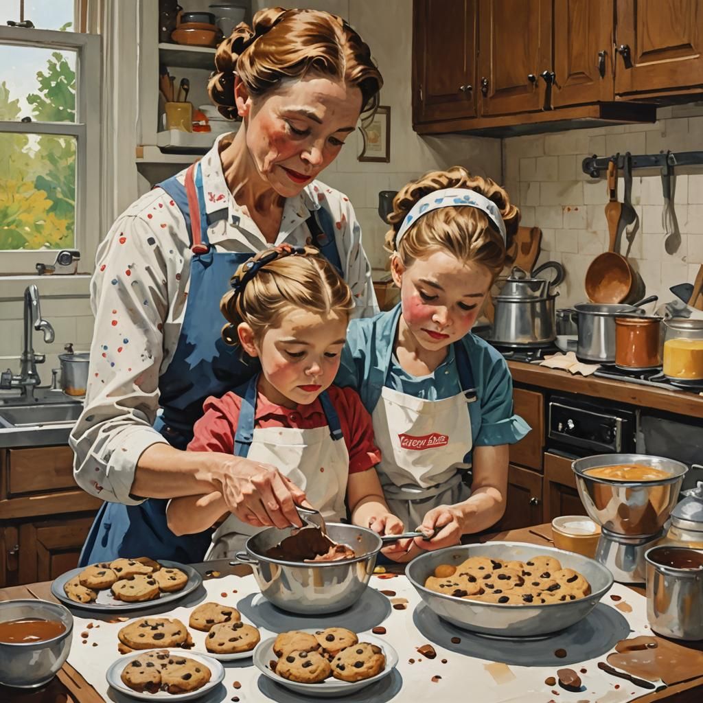 Mother and Daughter Baking in Rockwell-Inspired Gouache Styl...