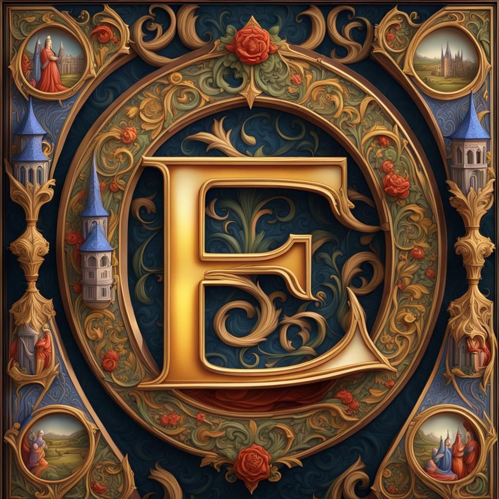 Illuminated Letter E with Medieval Scene