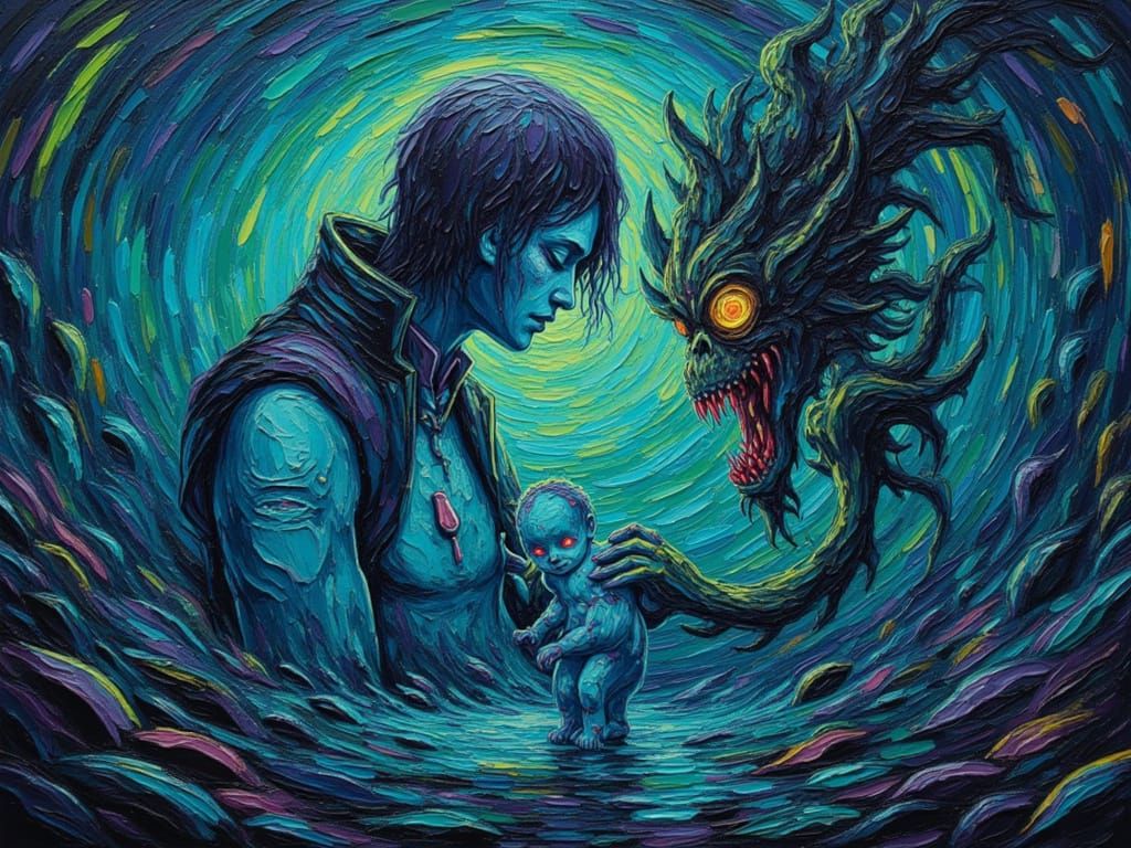 Macabre Aquatic Realm in Maximalist Ink Painting Style