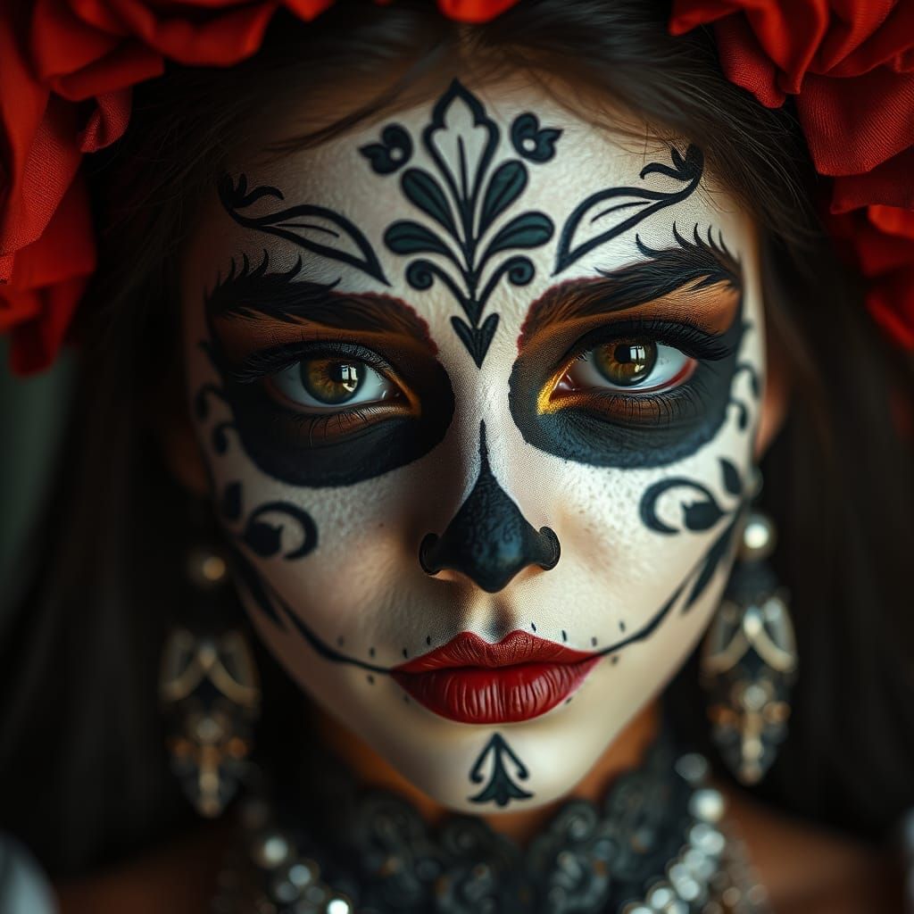 High-Resolution Portrait of a Catrina with Traditional Makeu...