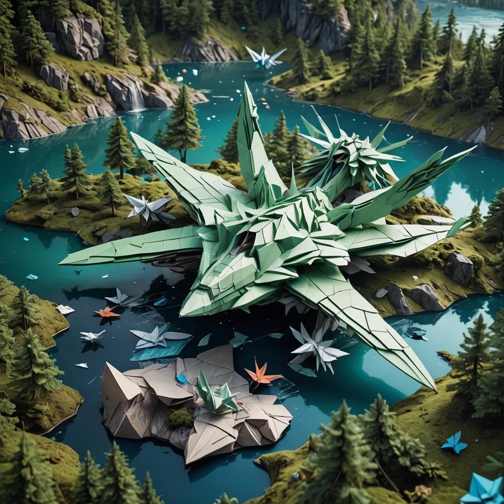 Origami Spaceship Lands by Mountain Lake: 3D Render