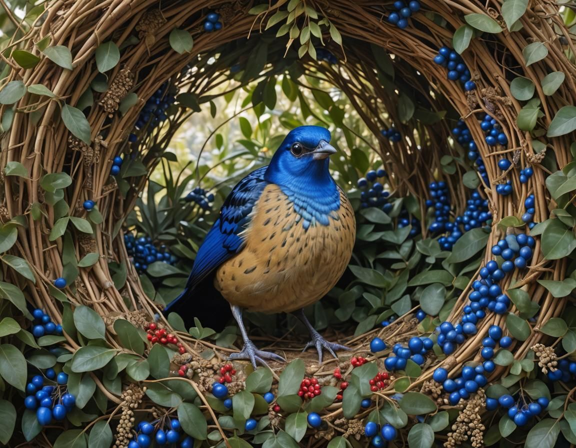 Satin Bowerbird in Decorated Bower: Wildlife Photography