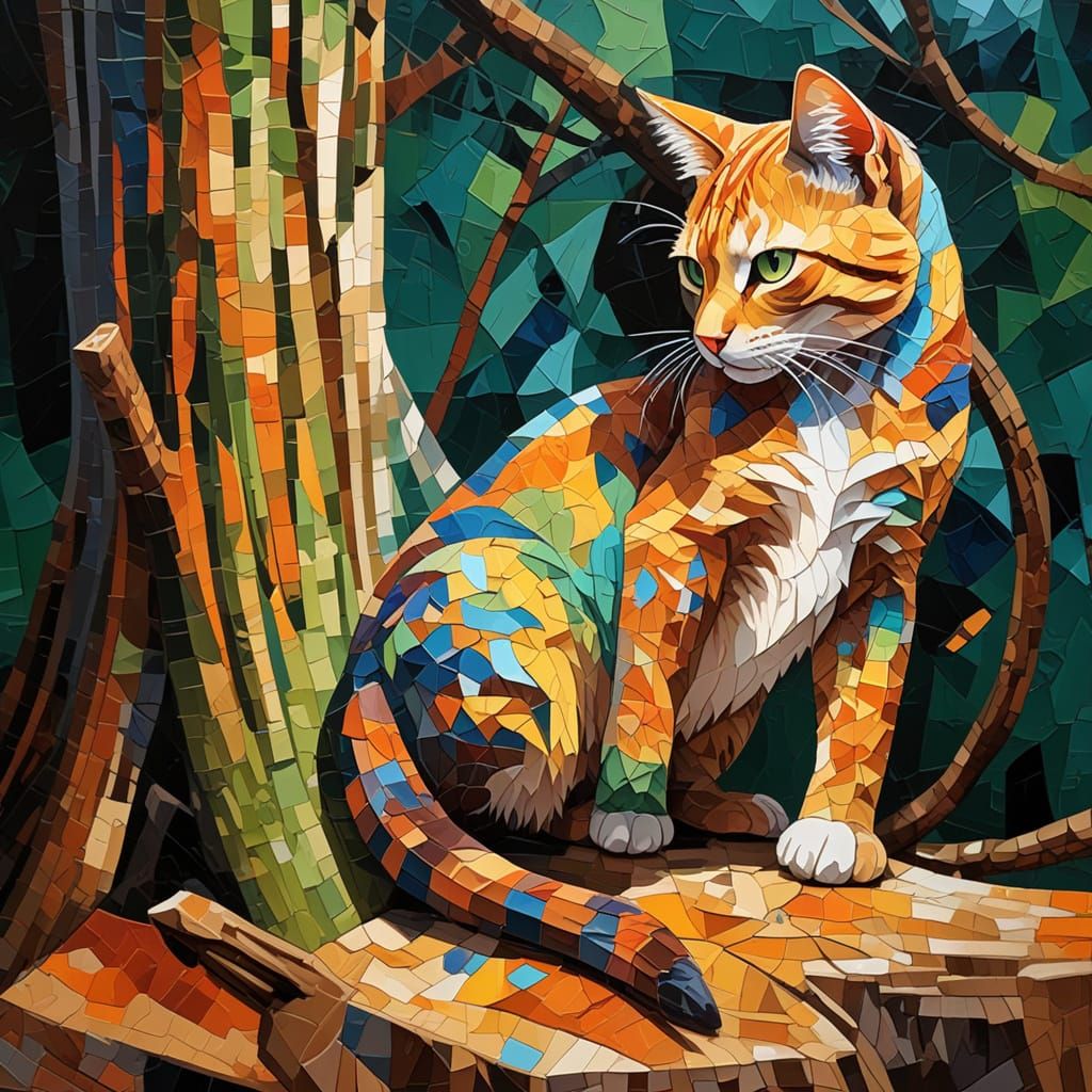 Vibrant Oil Painting of a Cat Stretching on a Tree Trunk in ...