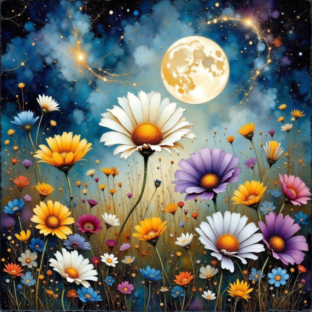 Vibrant Daisy Under Silvery Moon in Dreamy Illustration