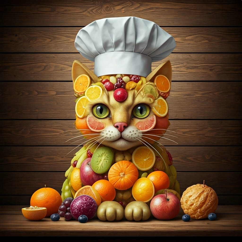 Colorful Fruit Cat in Still Life Style
