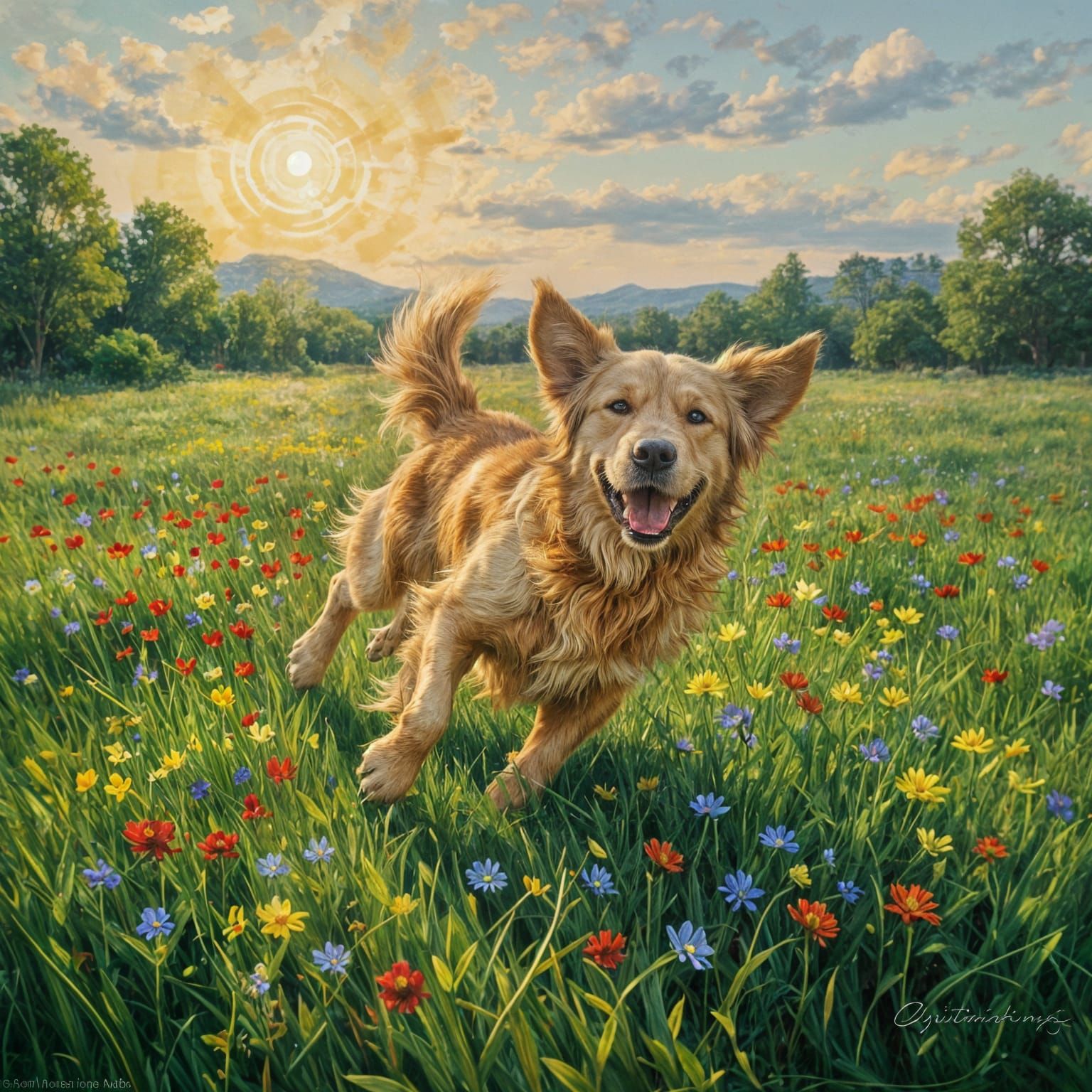 Golden Retriever Joyfully Plays in a Sunlit Field of Wildflo...