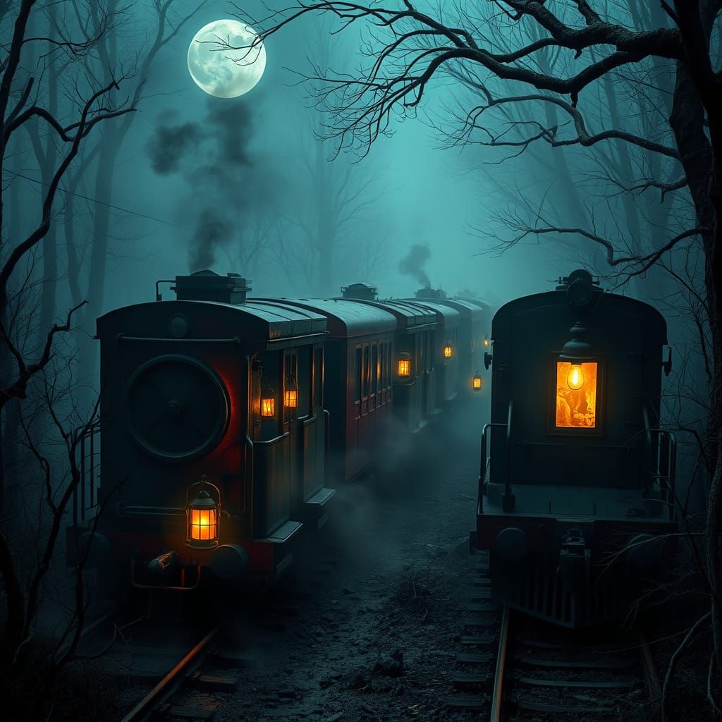 Mysterious Trains in a Haunting Forest Landscape
